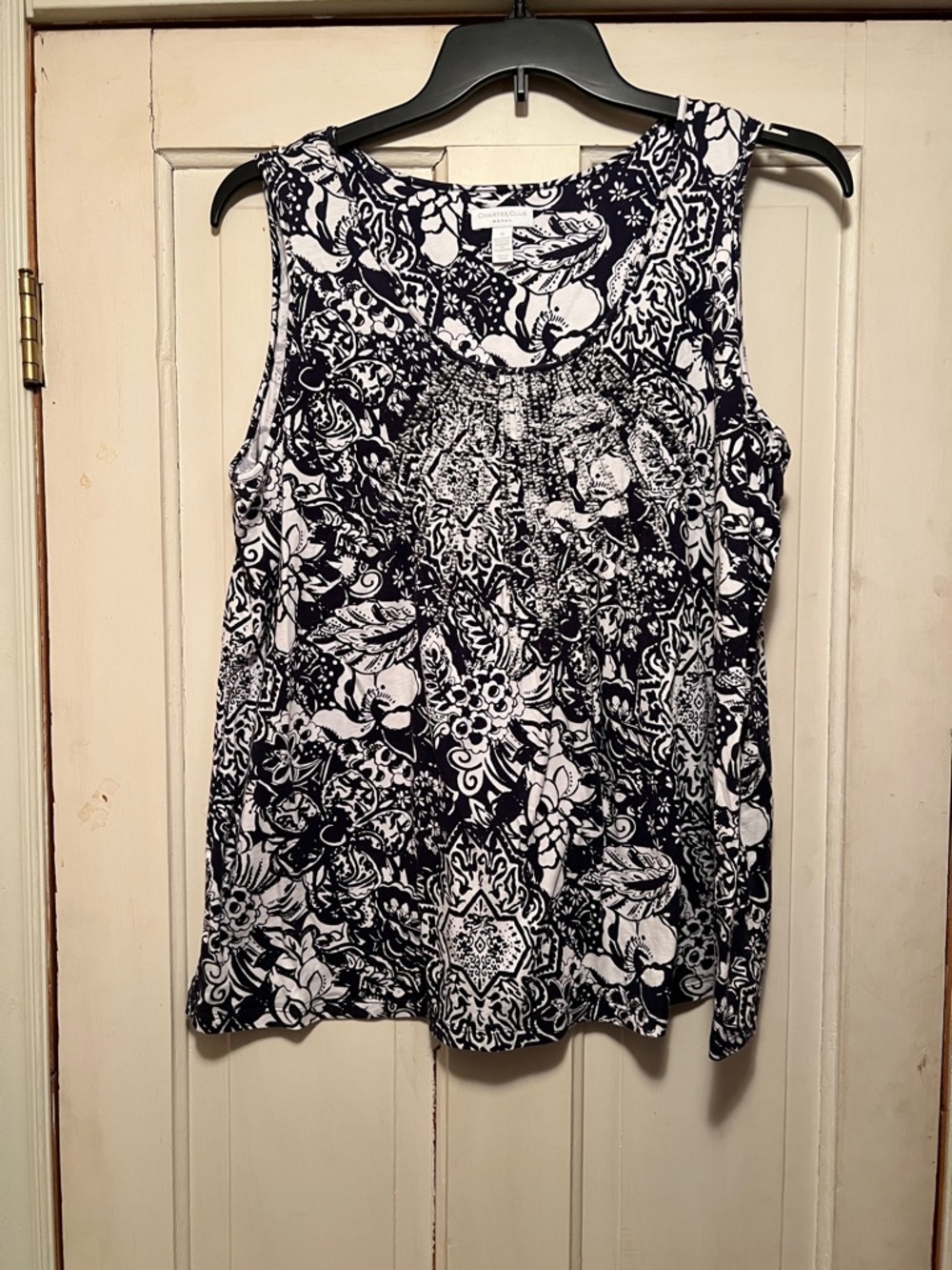 Charter Club Navy and White Floral Paisley Scoop Neck Tank